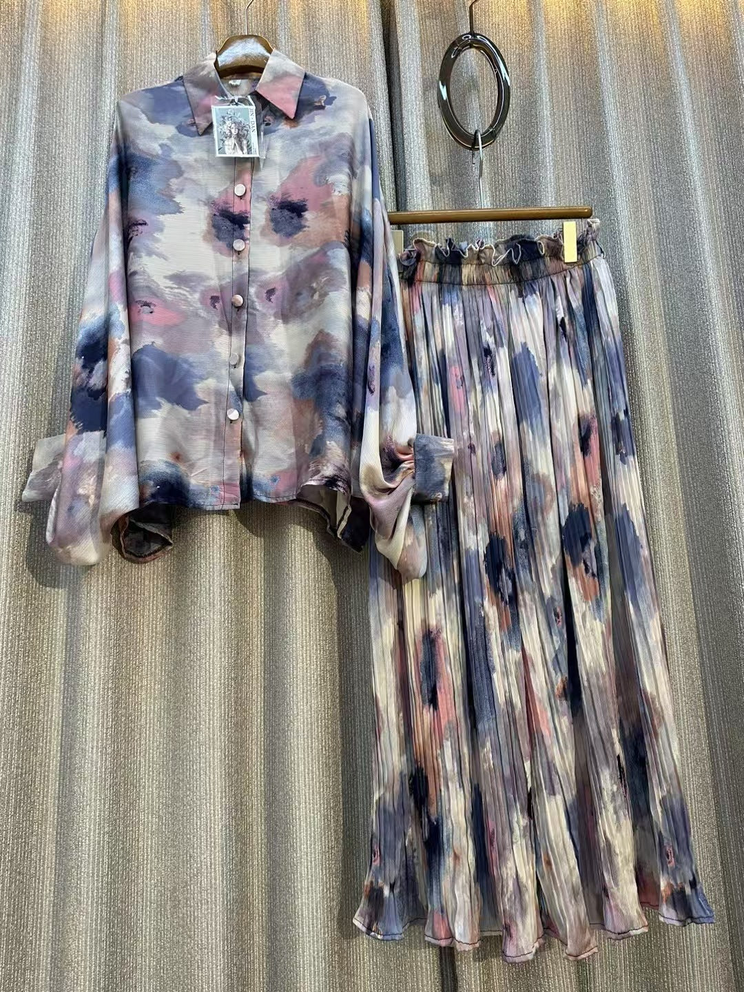 Personalized Printed Shirt Top High Waist Draped Wide Leg Pants Two-piece Set