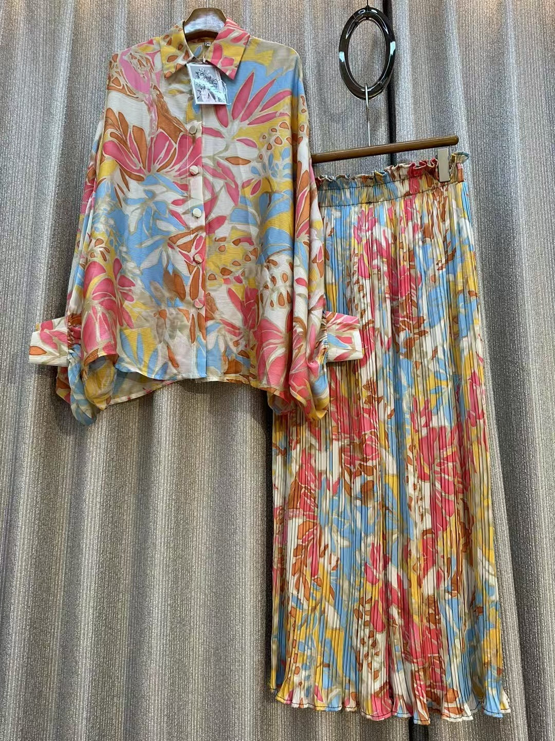 Personalized Printed Shirt Top High Waist Draped Wide Leg Pants Two-piece Set