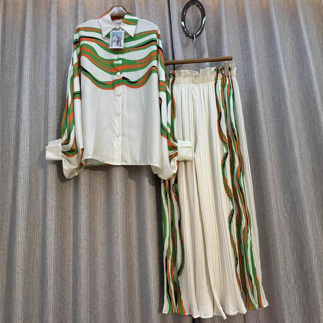 Personalized Printed Shirt Top High Waist Draped Wide Leg Pants Two-piece Set