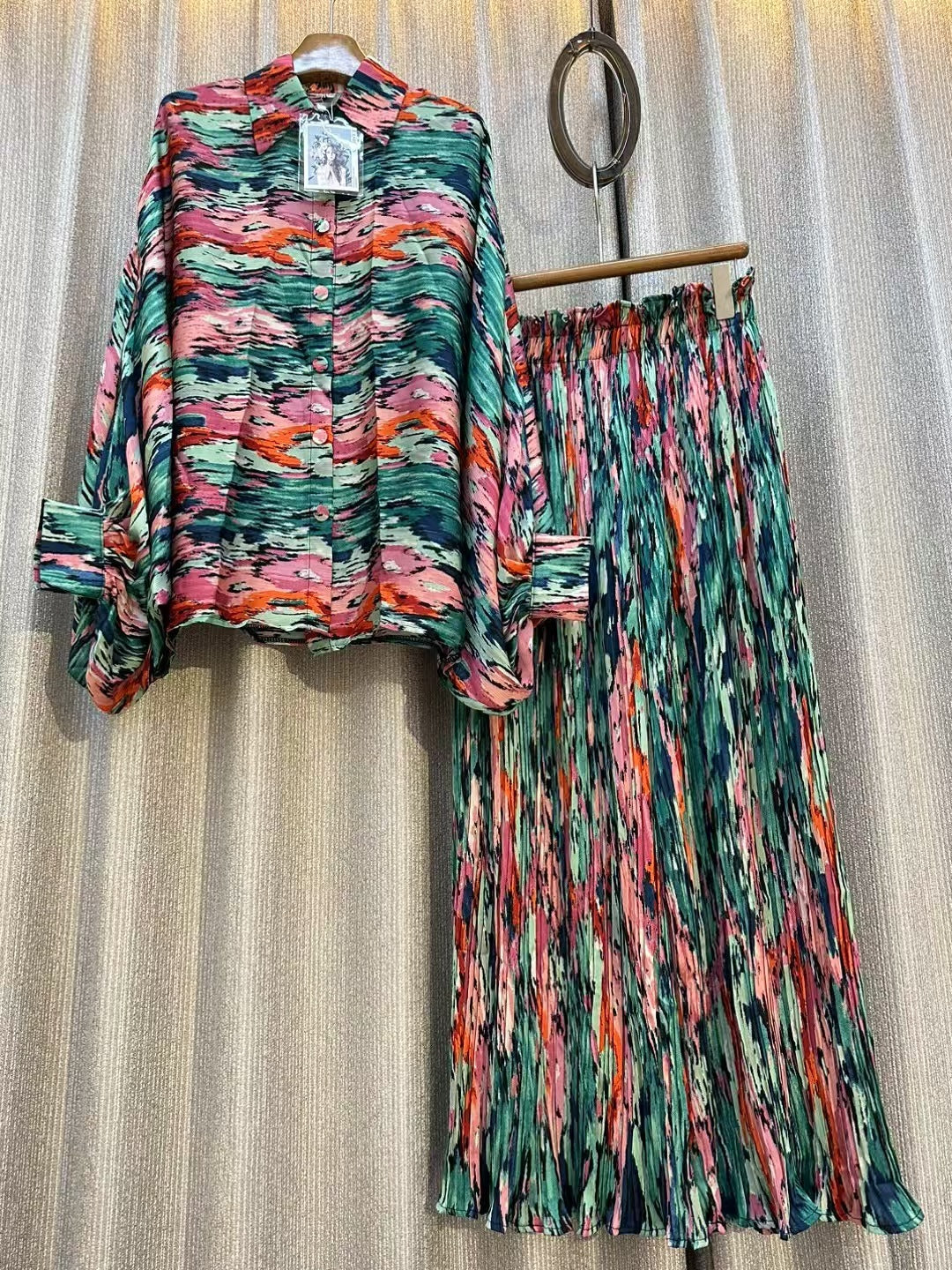 Personalized Printed Shirt Top High Waist Draped Wide Leg Pants Two-piece Set