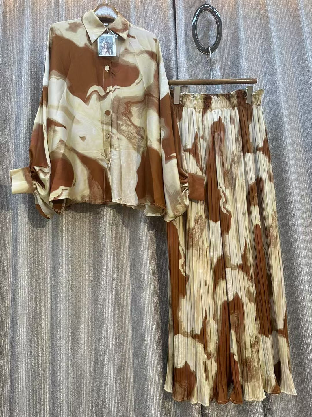 Personalized Printed Shirt Top High Waist Draped Wide Leg Pants Two-piece Set