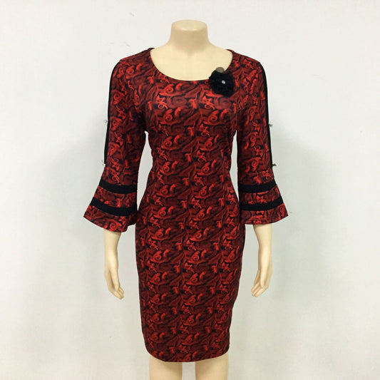 Mother's Dress Trumpet Sleeve Bow Print Stitching