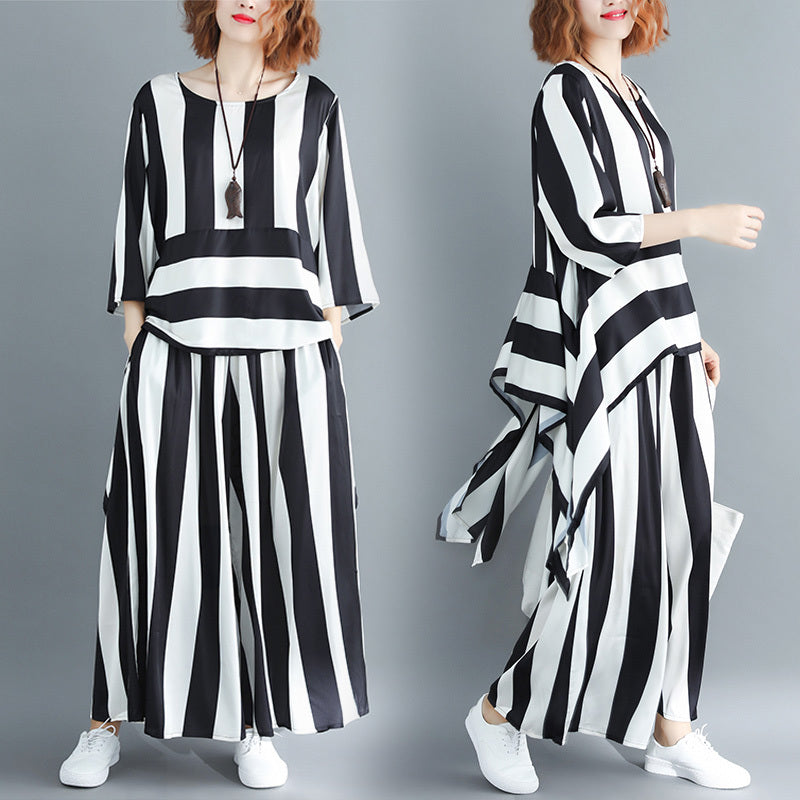Western Style Loose Age-Reducing Temperament Stripe Two-Piece Suit
