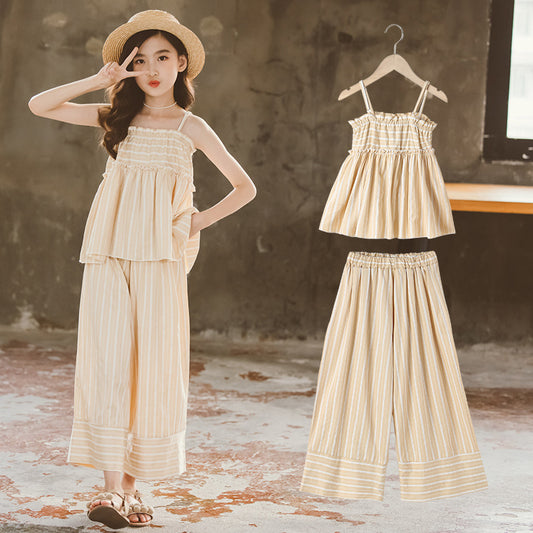 Girls' Cropped Trousers Striped Skirt Suspender Type