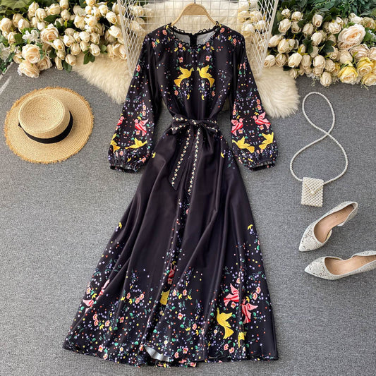 Lace-up Waist, Slim And Long Printed Gown6