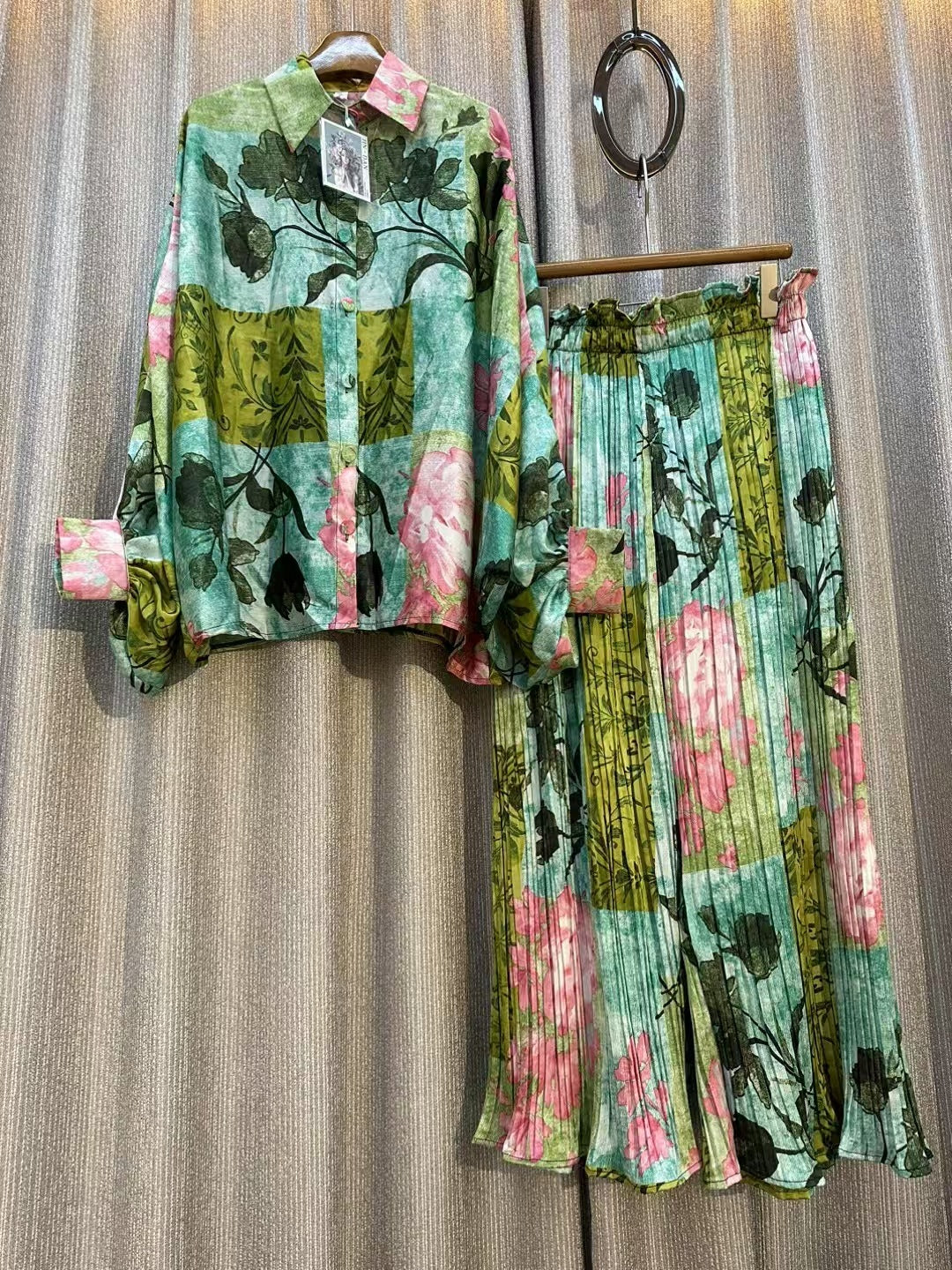 Personalized Printed Shirt Top High Waist Draped Wide Leg Pants Two-piece Set
