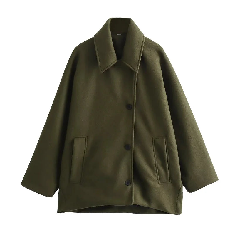 TRAF Women's Wool&Blend Coat Outerwear 2024 Autumn Winter Elegant Long Sleeve Coat Ladies Fashion Office Khaki Green Black Coat