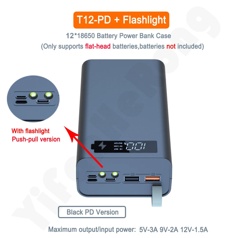 Quick Charge QC3.0 DIY 12 x 18650 Battery Power Bank Case Powerbank Holder Shell Portable Battery Storage Box With LCD Display