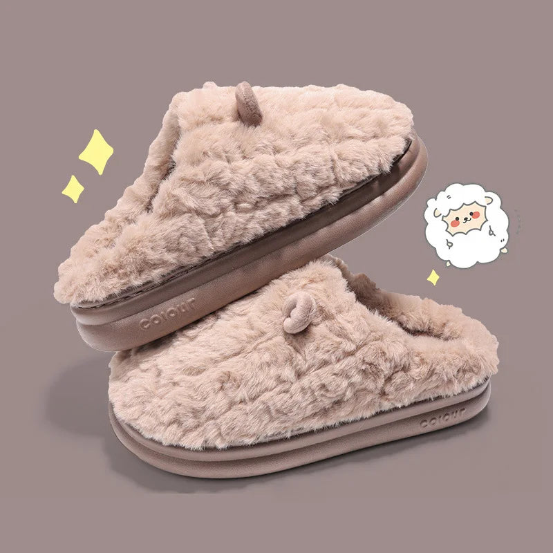 Warm Winter Women Slipper Sandals Home Cotton Shoes Eva Faux Plush Fur 4Cm Thick Platform Adorable Lamb Men Slipper For Indoor