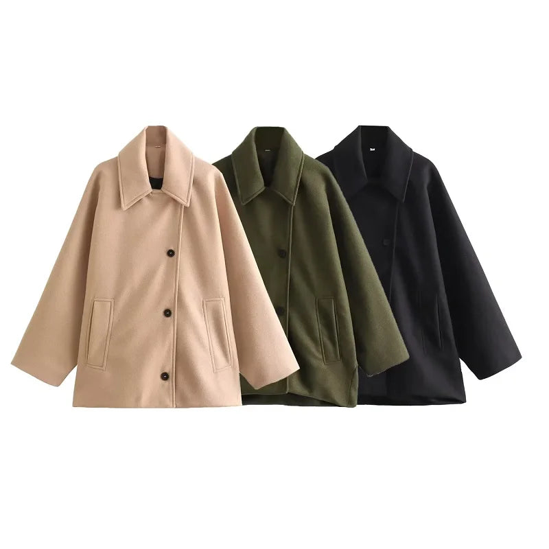 TRAF Women's Wool&Blend Coat Outerwear 2024 Autumn Winter Elegant Long Sleeve Coat Ladies Fashion Office Khaki Green Black Coat