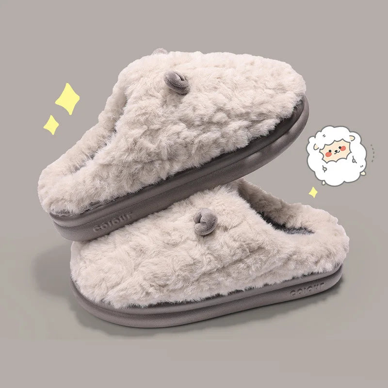 Warm Winter Women Slipper Sandals Home Cotton Shoes Eva Faux Plush Fur 4Cm Thick Platform Adorable Lamb Men Slipper For Indoor