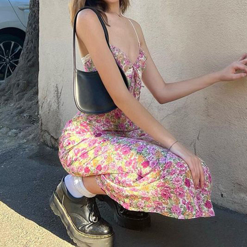 wsevypo Flowers Print Spaghetti Straps Wrap Long Dress 90s E-girl Aesthetic Women Summer Sleeveless Tie Up V-Neck Sundress