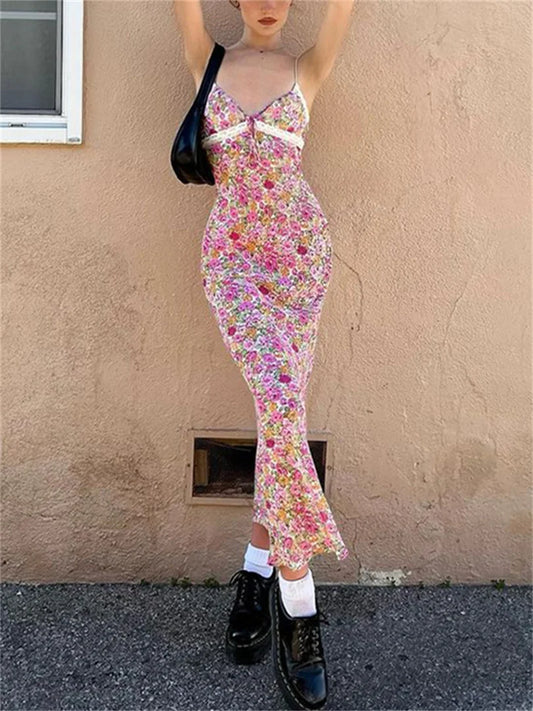 wsevypo Flowers Print Spaghetti Straps Wrap Long Dress 90s E-girl Aesthetic Women Summer Sleeveless Tie Up V-Neck Sundress
