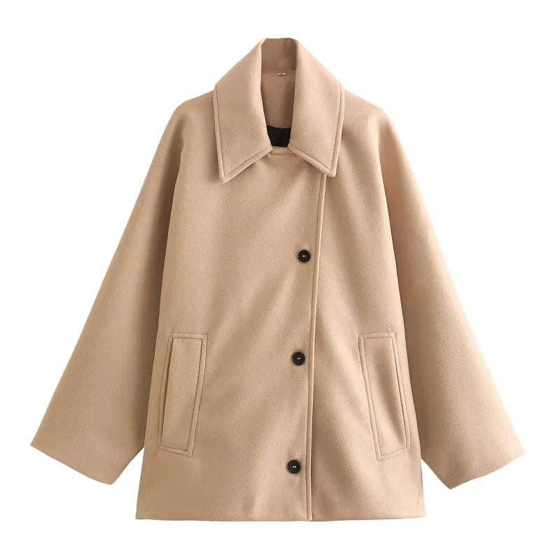 TRAF Women's Wool&Blend Coat Outerwear 2024 Autumn Winter Elegant Long Sleeve Coat Ladies Fashion Office Khaki Green Black Coat