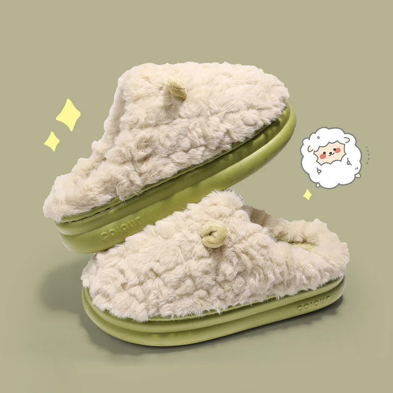 Warm Winter Women Slipper Sandals Home Cotton Shoes Eva Faux Plush Fur 4Cm Thick Platform Adorable Lamb Men Slipper For Indoor