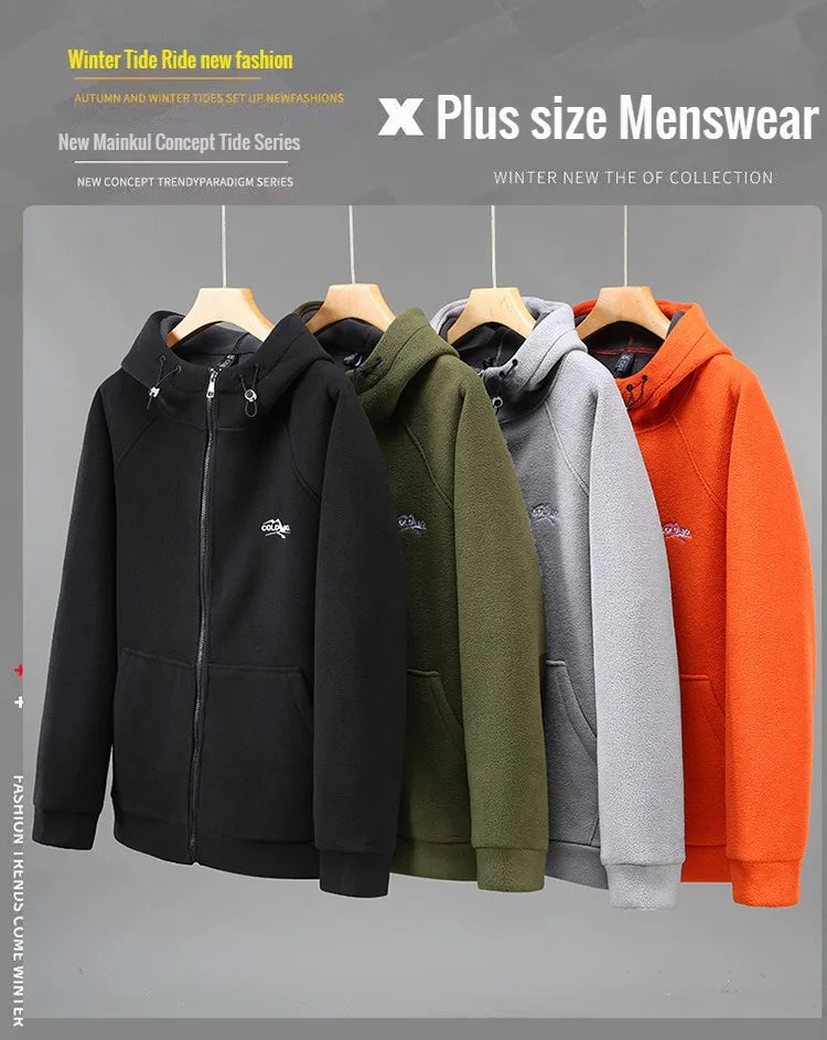 2024 Men's Hooded Shirt Long Sleeve Thickened Polar Fleece Zip-up Hoodies Warm Autumn Winter Jacket Male Big Size 12XL 10XL Plus