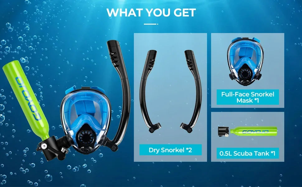 Diving Tank with Snorkel Mask 0.5L Mini Scuba Portable Lungs Oxygen Cylinder Full Face Diving Mask Underwater Breath System