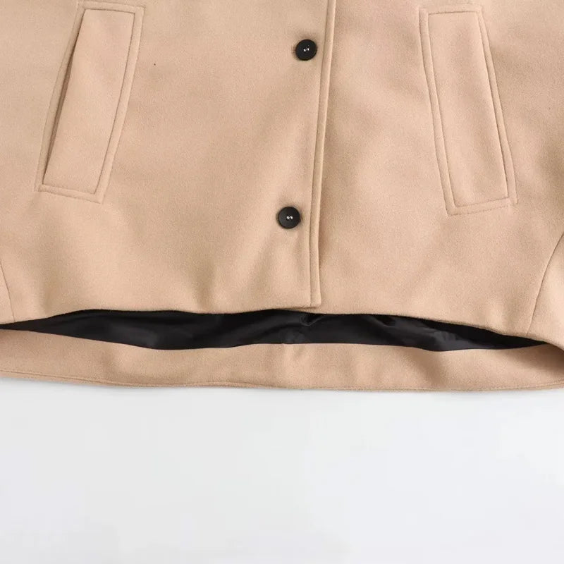 TRAF Women's Wool&Blend Coat Outerwear 2024 Autumn Winter Elegant Long Sleeve Coat Ladies Fashion Office Khaki Green Black Coat
