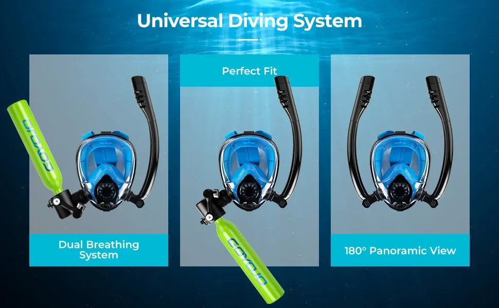 Diving Tank with Snorkel Mask 0.5L Mini Scuba Portable Lungs Oxygen Cylinder Full Face Diving Mask Underwater Breath System