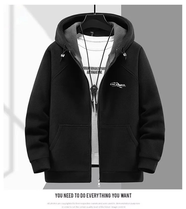 2024 Men's Hooded Shirt Long Sleeve Thickened Polar Fleece Zip-up Hoodies Warm Autumn Winter Jacket Male Big Size 12XL 10XL Plus