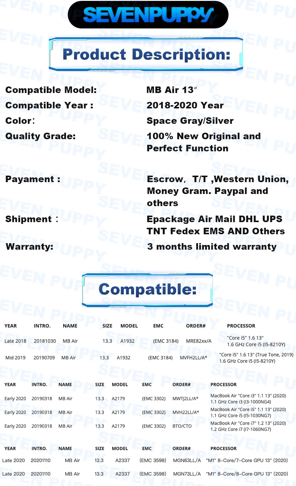 （ SEVEN PUPPY ）LCD Screen Replacement For MacBook Air 13.3” A1932 A2179 A2337 2018 2019 2020 Year Full Display Assembly Complete