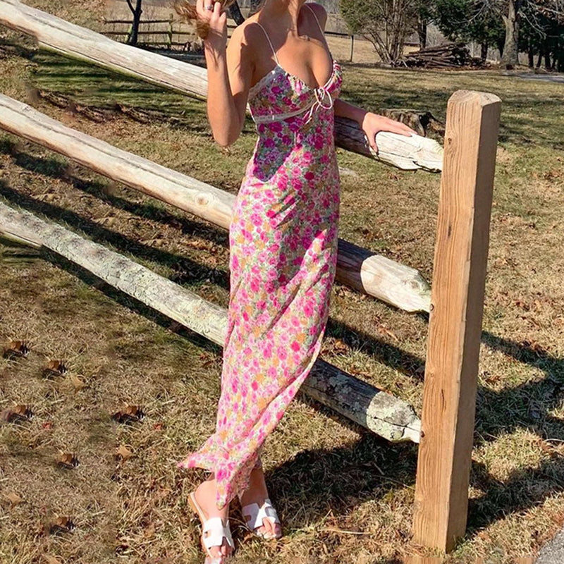 wsevypo Flowers Print Spaghetti Straps Wrap Long Dress 90s E-girl Aesthetic Women Summer Sleeveless Tie Up V-Neck Sundress