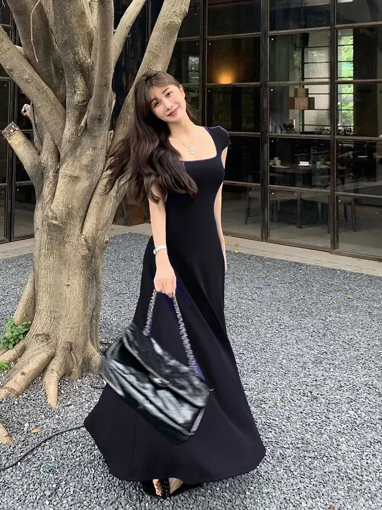 PTKPCC New Summer Waist-fitted Elegant French Style Women's Grey Short Sleeve Tank Dress Long Dress  Sexy Dress