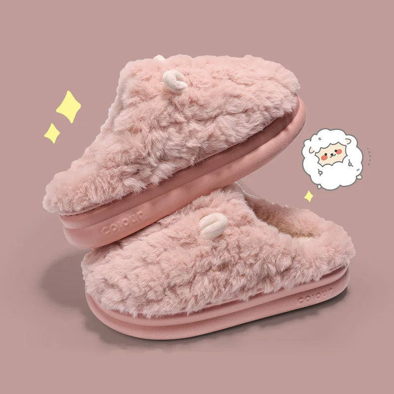 Warm Winter Women Slipper Sandals Home Cotton Shoes Eva Faux Plush Fur 4Cm Thick Platform Adorable Lamb Men Slipper For Indoor