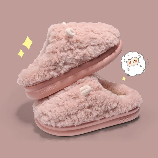 Warm Winter Women Slipper Sandals Home Cotton Shoes Eva Faux Plush Fur 4Cm Thick Platform Adorable Lamb Men Slipper For Indoor