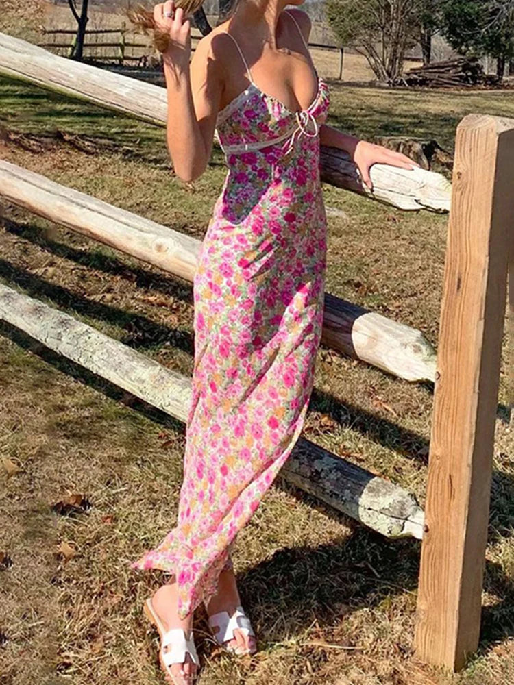 wsevypo Flowers Print Spaghetti Straps Wrap Long Dress 90s E-girl Aesthetic Women Summer Sleeveless Tie Up V-Neck Sundress