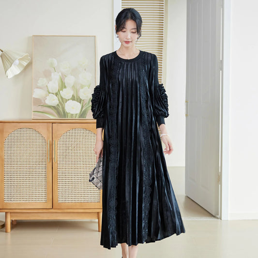 Miyake Pleated Velvet Dress Women's 2024 Autumn New Solid Color Lace Stitching O-neck Lantern Sleeve Elegant Mid-length Skirt
