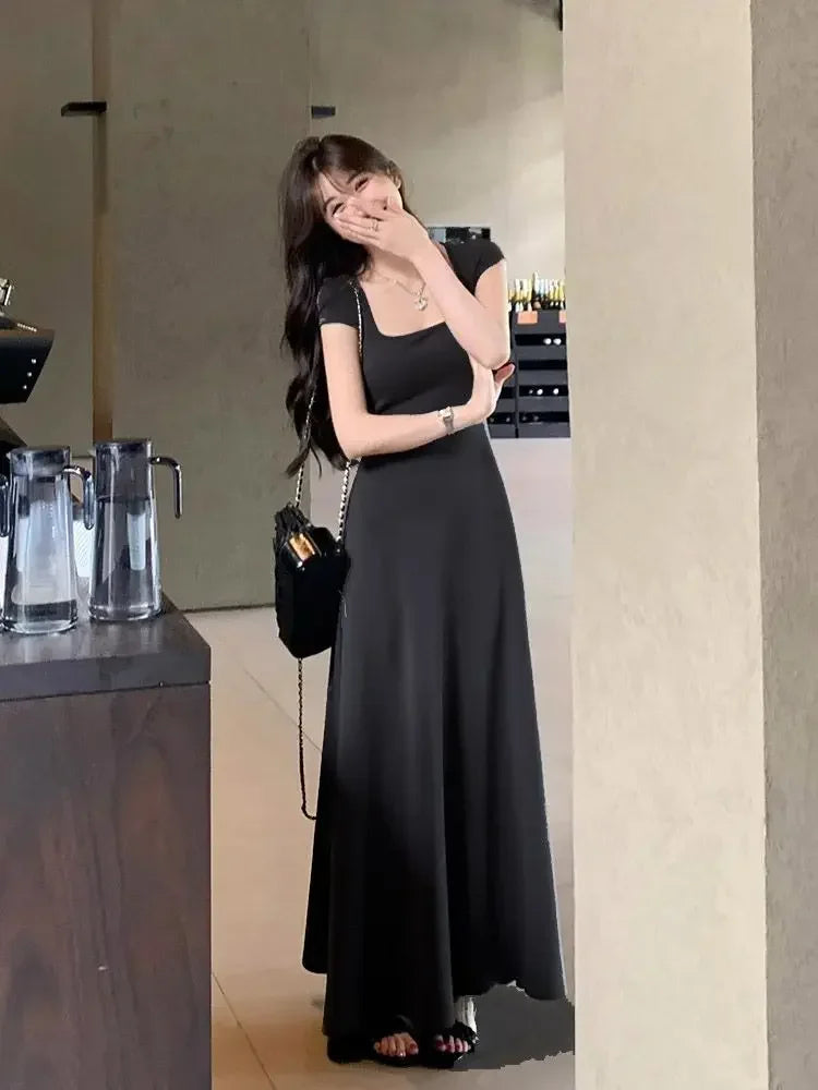 PTKPCC New Summer Waist-fitted Elegant French Style Women's Grey Short Sleeve Tank Dress Long Dress  Sexy Dress