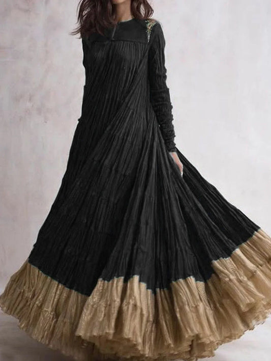 Autumn And Winter Fashion Retro Ladies Dress Casual O-Neck Long Sleeve Cascading Hem Elegant Ladies Evening Party Maxi Dress