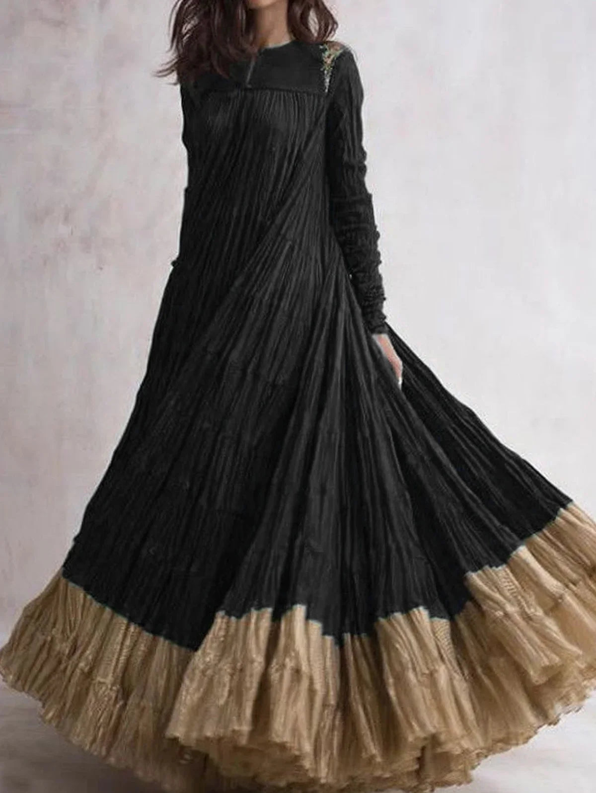 Autumn And Winter Fashion Retro Ladies Dress Casual O-Neck Long Sleeve Cascading Hem Elegant Ladies Evening Party Maxi Dress