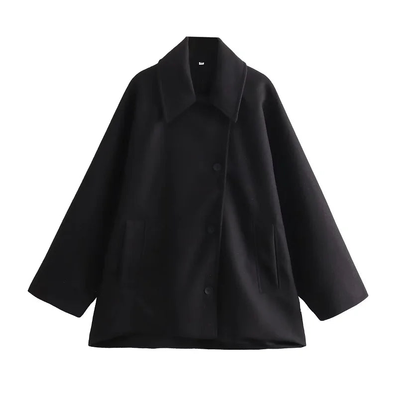 TRAF Women's Wool&Blend Coat Outerwear 2024 Autumn Winter Elegant Long Sleeve Coat Ladies Fashion Office Khaki Green Black Coat