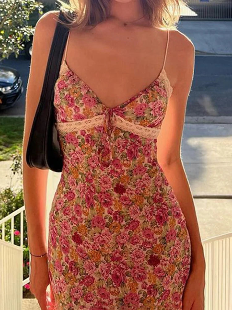 wsevypo Flowers Print Spaghetti Straps Wrap Long Dress 90s E-girl Aesthetic Women Summer Sleeveless Tie Up V-Neck Sundress