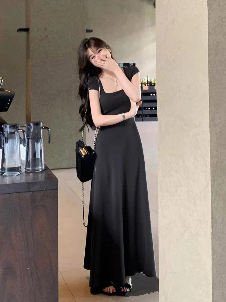 PTKPCC New Summer Waist-fitted Elegant French Style Women's Grey Short Sleeve Tank Dress Long Dress  Sexy Dress
