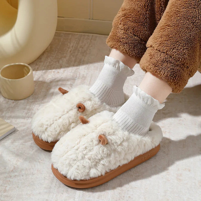 Warm Winter Women Slipper Sandals Home Cotton Shoes Eva Faux Plush Fur 4Cm Thick Platform Adorable Lamb Men Slipper For Indoor