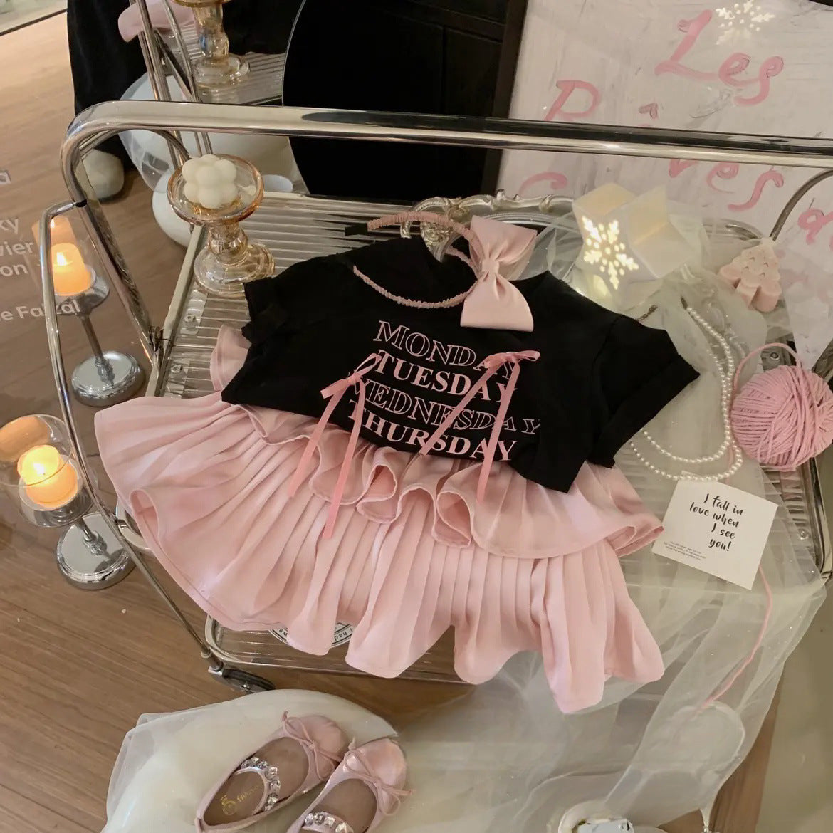 Girls' Pleated Skirt Western Style Letter T-shirt Two-piece Suit