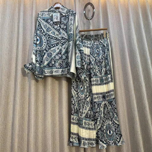 Personalized Printed Shirt Top High Waist Draped Wide Leg Pants Two-piece Set